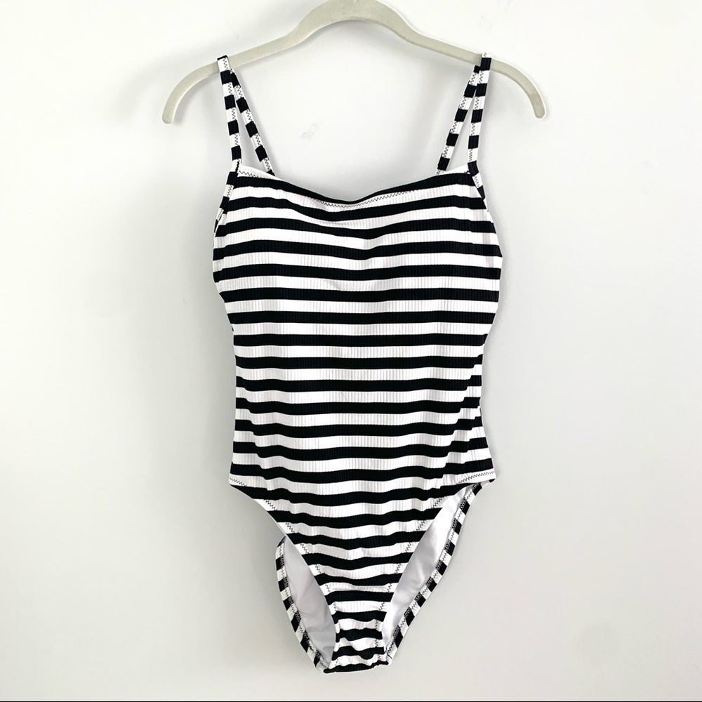 NEW Kona Sol Size Medium Women’s Modest One Piece Swimsuit, Black White Striped